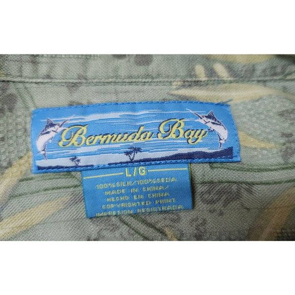 Bermuda Bay Large Green Floral Palm Trees Hawaiian Tropical Silk Button Shirt - Picture 11 of 11